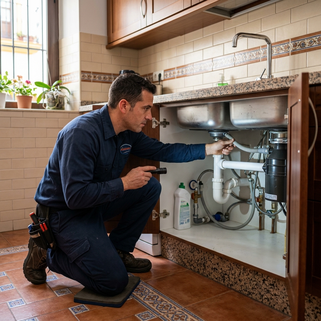 Fontanero profesional revisando tuberías en vivienda valenciana