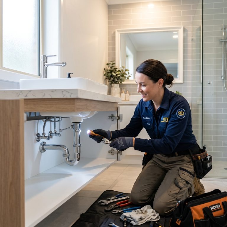 Fontanero trabajando en un baño moderno