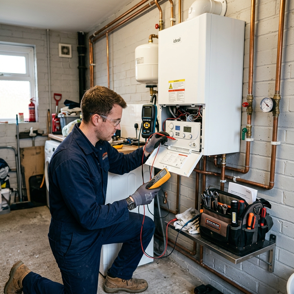 Técnico especialista revisando el sistema de calefacción y caldera de gas en Valencia